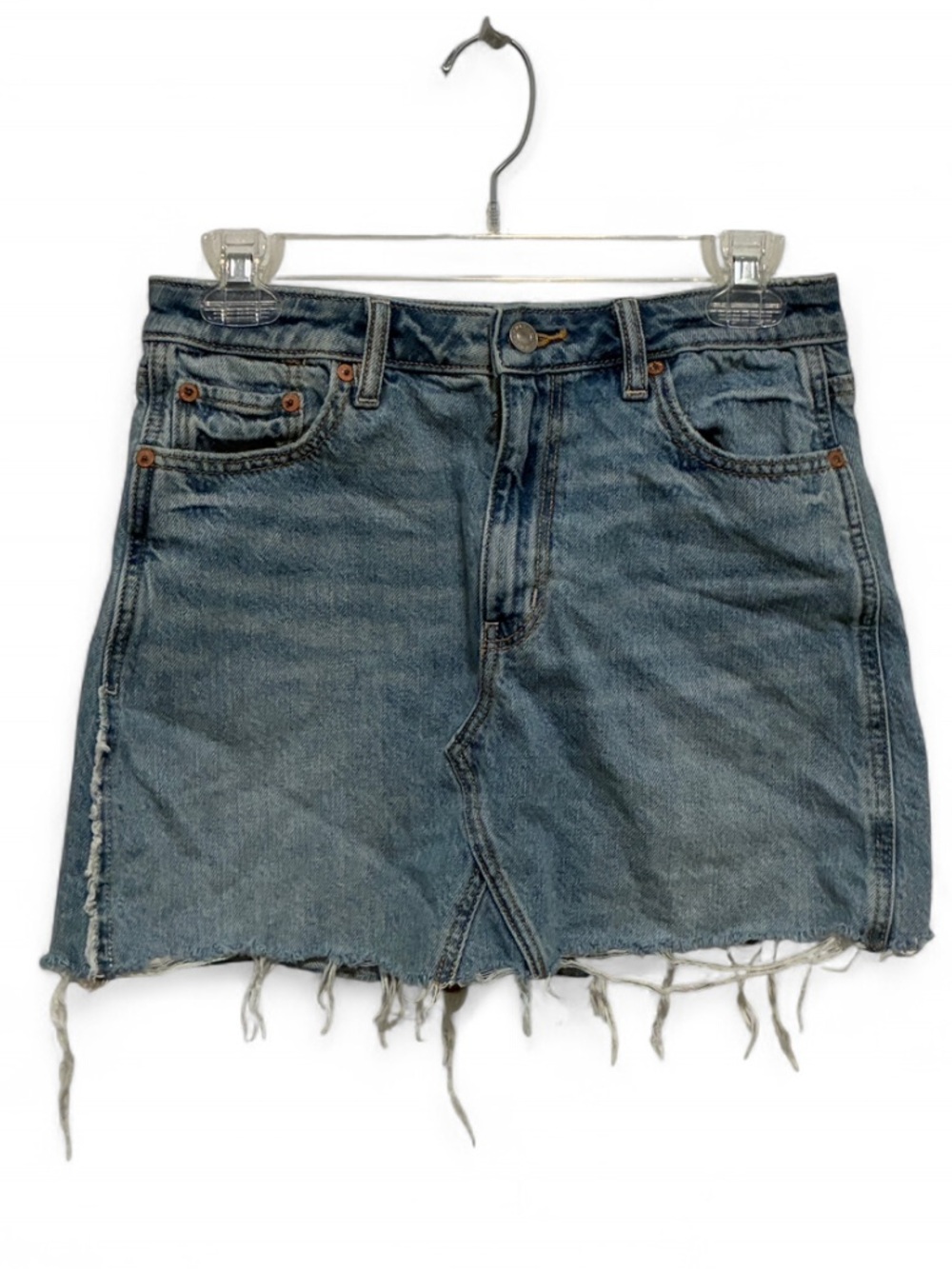 American Eagle Super High Rise A Line Distressed Light Blue Denim Mini Skirt